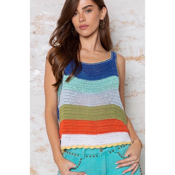 POL Sweaters - POL Blue Multi Striped Sleeveless Layering Sweater